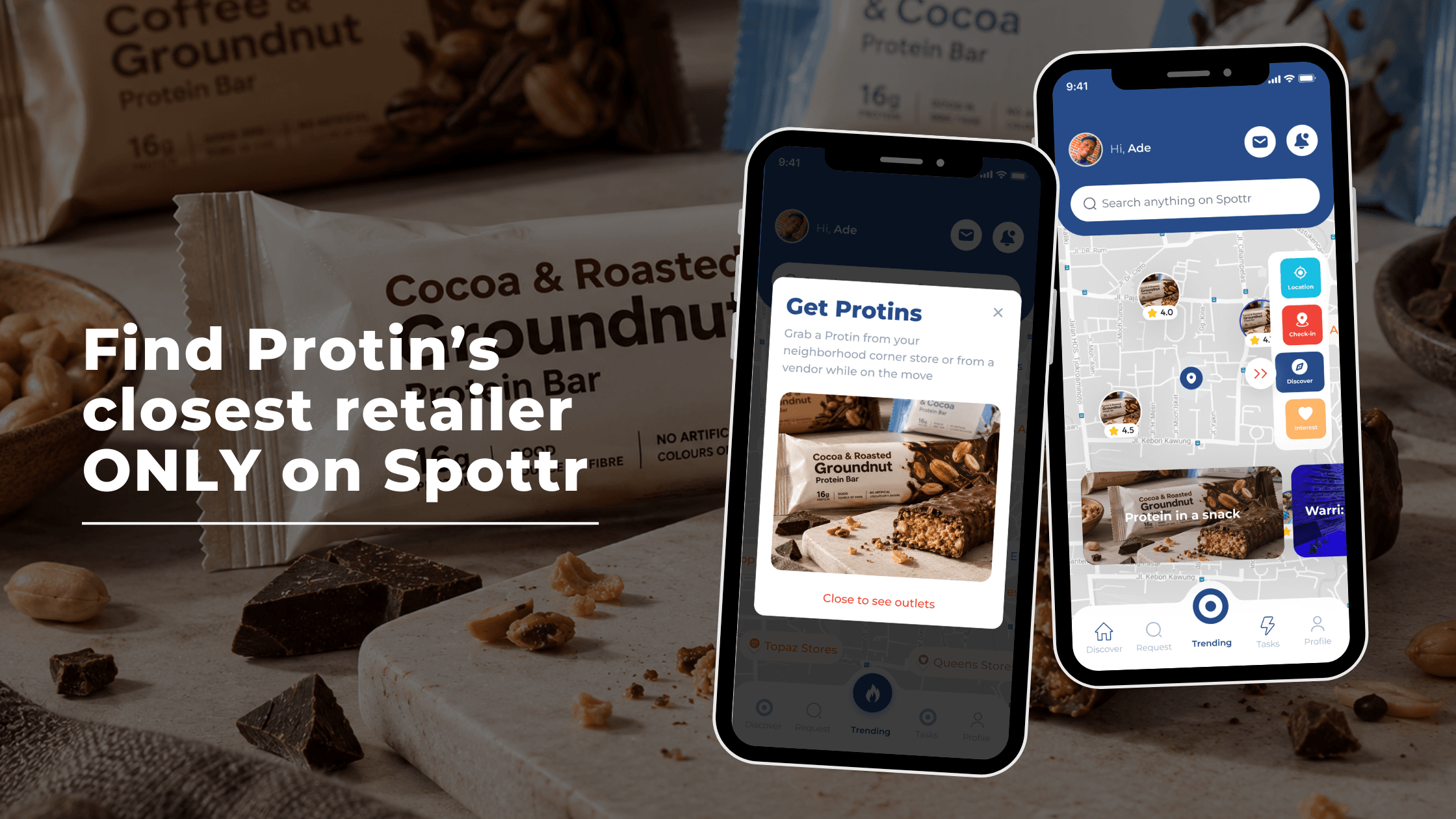 Spottr Discover showing how to find nearby retailers selling a cocoa and roasted groundnut protein bar in Nigeria